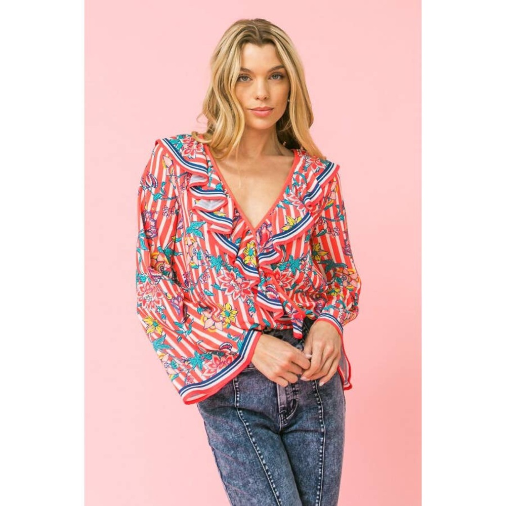 Ruffled Floral Striped Surplice Top